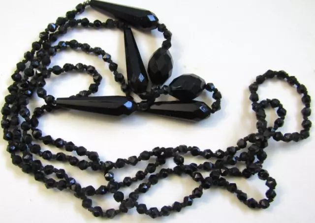 Antique Victorian 1880s Black Jet Hand cut Mourning Bead Glass knotted Necklace