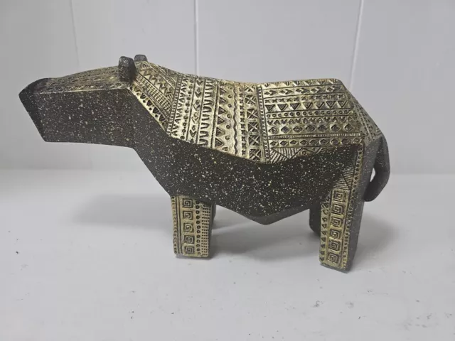 Statue Hippopotamus Resin Textured Gold & Black Geometric Designs Africa Sahara