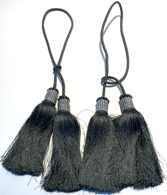 1 Pair Luxury Curtain Tie Backs Tassel 7 1/2" Dk Gray w/Rhinestones Non Missing.