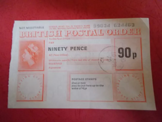British postal order  -  QEII,  90p, 10th April 1979, Liverpool