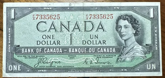 1954 Canada $1 Banknote Devil's Face QEII Coyne/Towers F/A #0001