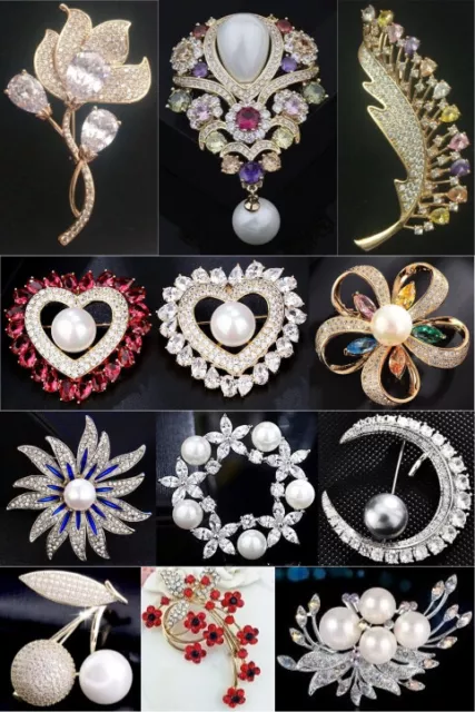 Luxury Cubic Zirconia Crystal Rhinestone Pearl Brooches Pin Badges Jewellery UK