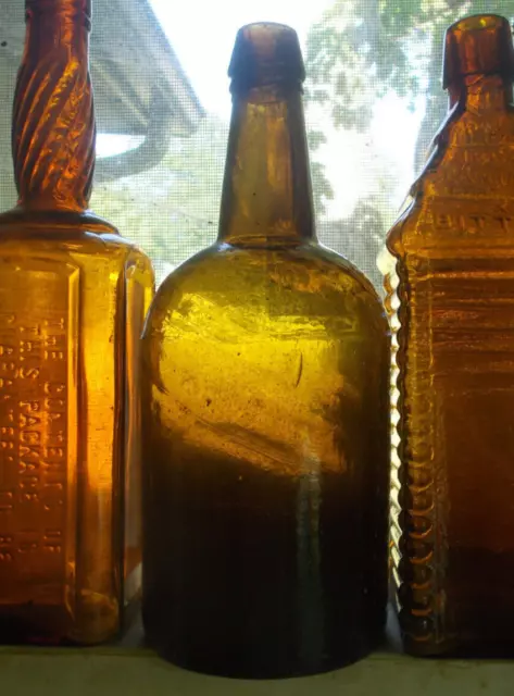 1840s PONTILED 3 PC MOLD STODDARD OLIVE AMBER ALE BOTTLE DRIPPY APPLIED LIP