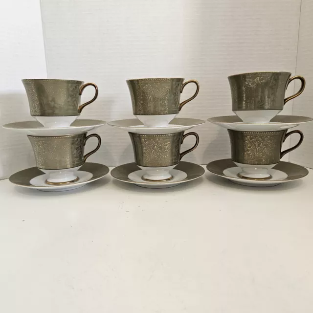 Set 6 Sango China Cups & Saucers Versailles Pattern 3632 JAPAN GREEN & Gold