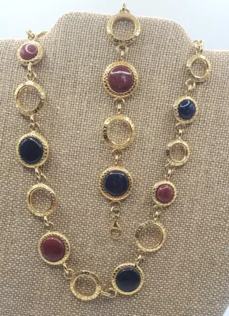 Liz Claiborne LC Signed Red and Black Gold Tone Beaded Necklace Bracelet  Set