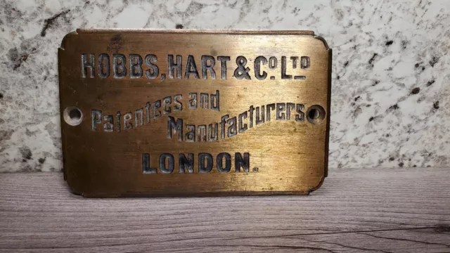 Vintage Solid Bronze Safe Mfg. Name Plate Hobbs Hart & Co Ltd. London