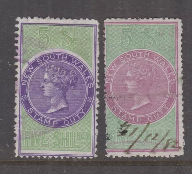 NSW 1872 5/- QV STAMP DUTY - revenue- **shades** Elsmore Cat $30++ FU (2)