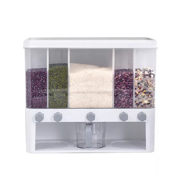 5-Grid Dry Food Dispenser Rice Dispenser Cereal Storage Box W/ 1 Measuring Cup