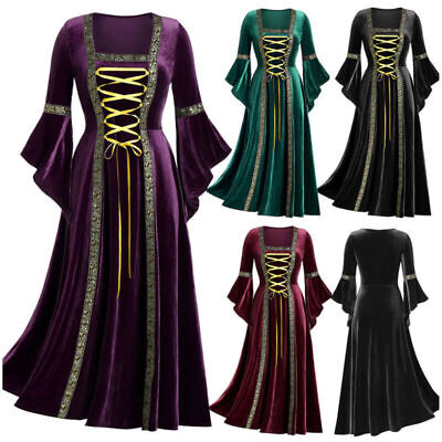 Adult Halloween Medieval Deguisement Victorien Reine Gothique Medievale Col V Manches Flare Robe 