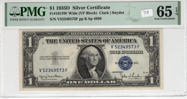 $1 1935D Silver Certificate Fr# 1613W Wide VF Block PMG UNC Gem 65 EPQ Clark