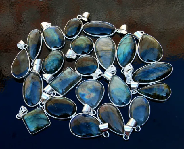 Exclusive !! Labradorite Gemstone 925 Sterling Silver Plated 10Pcs Pendants Lot