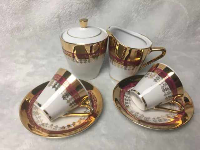 Bavaria Germany Gold Band Demitasse Set Cups Saucers Sugar Bowl Creamer 7 pcs