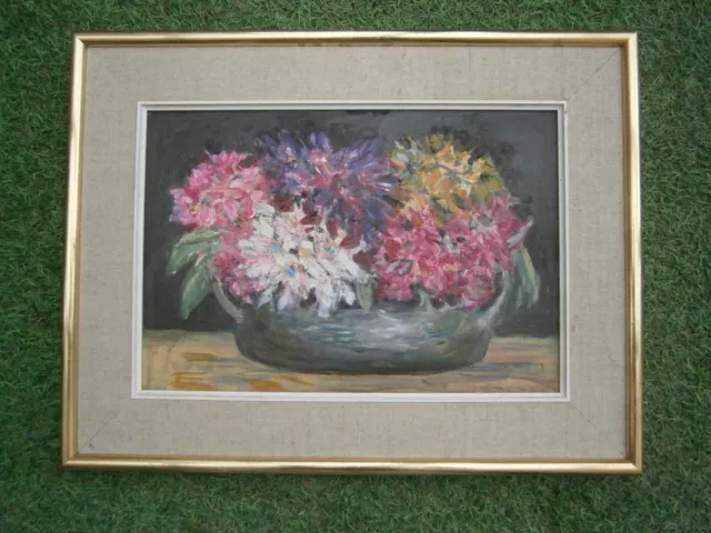 Peinture Hst Huile Sur Carton Encadre Fleurs French Antique