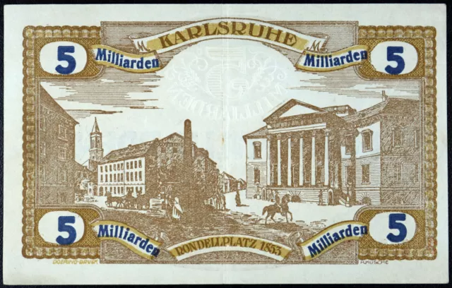 KARLSRUHE 1923 5 Milliarden = 5 Billion Mark Inflation Notgeld Banknote Germany