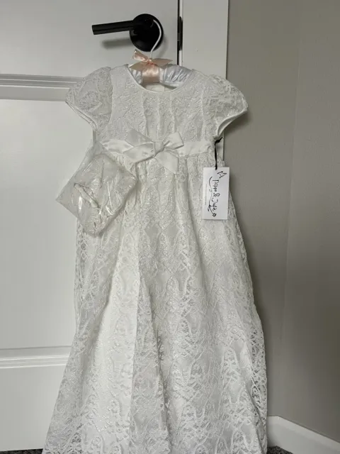 Pippa and Julie White Lace Christening Gown  with Bonnet size 12M