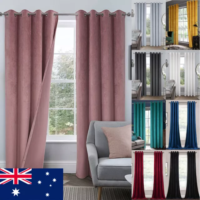 Thermal Energy Saving Velvet Blackout Curtains Solid Ready Made Eyelet Ring Top