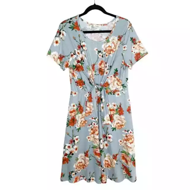 Les Amis Front Tie Floral Short Sleeve Midi Dress Large Blue Spring Cottagecore