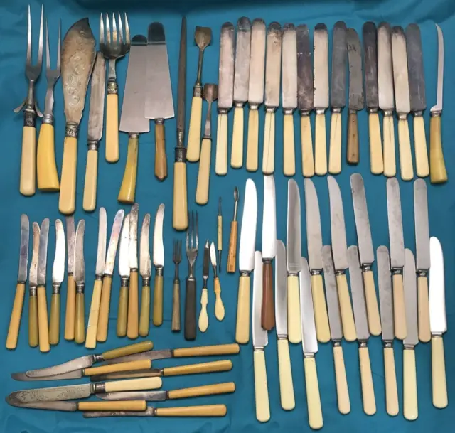 65 Pc Antique to Vintage 5" TO 13" BAKELITE HANDLE MIX Flatware Serving