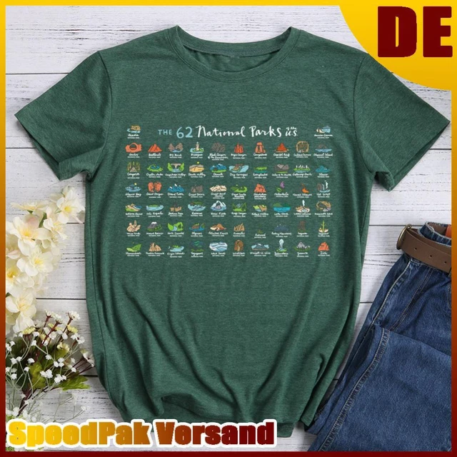 ❥ 62-parchi nazionali-mappa-t-shirt-t-shirt-verde retrò-L