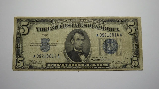 $5 1934-A Silver Certificate Blue Seal Star Bank Note Bill! RARE USA Currency!