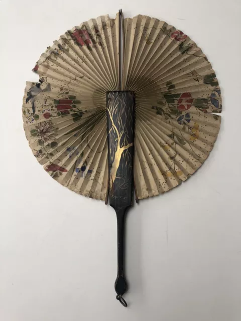 Antico Ventilatore A Mano Vittoriano In Legno Coccade Dipinto A Mano Circolare Estende Cinese 2