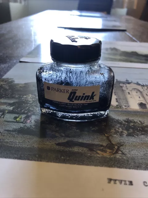 Blue Black vintage Quink ink Bottle