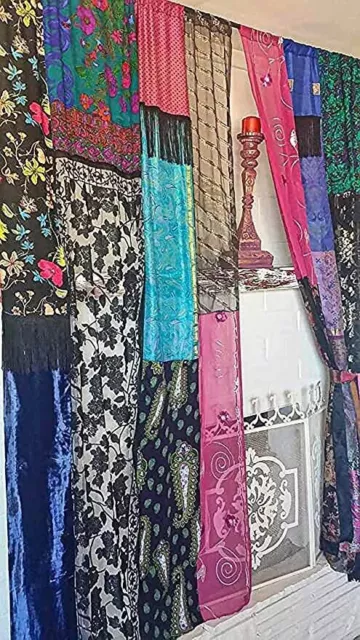 1 paio di tende indiane vintage Sari Silk Patch Curtain Boho Curtain Gypsy...