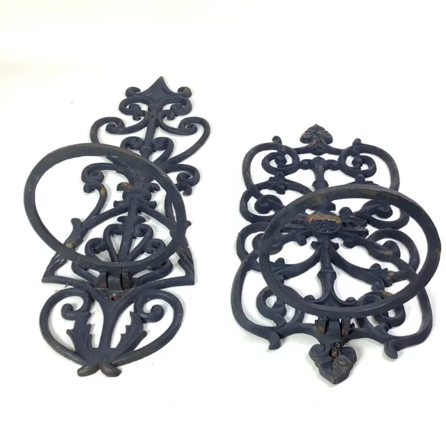 Pair Ornate Cast Iron Wall Sconces Hangers Flower Pot Holders Collapsible Rings 3
