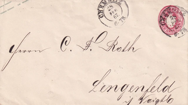 Sachsen U 16 - per Bahnpost Reichenbach-Eger von Chemnitz 1867 nach Lengenfeld