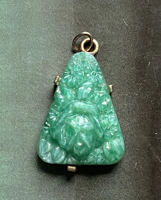 Vtg SPHINX Oriental Triangle Carved Green Glass Jade Style Pendant Gilt Mount