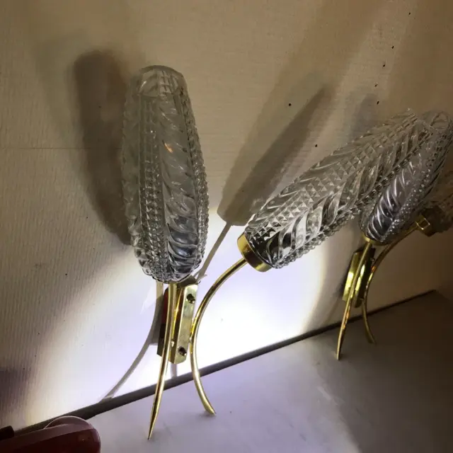 paire appliques luminaire vintage 1960 en verre moulé, laiton doré