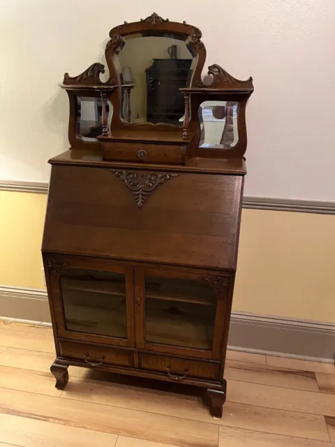 Small Antique Oak Secretary Desk w. Mirrors, Shipping is not free!