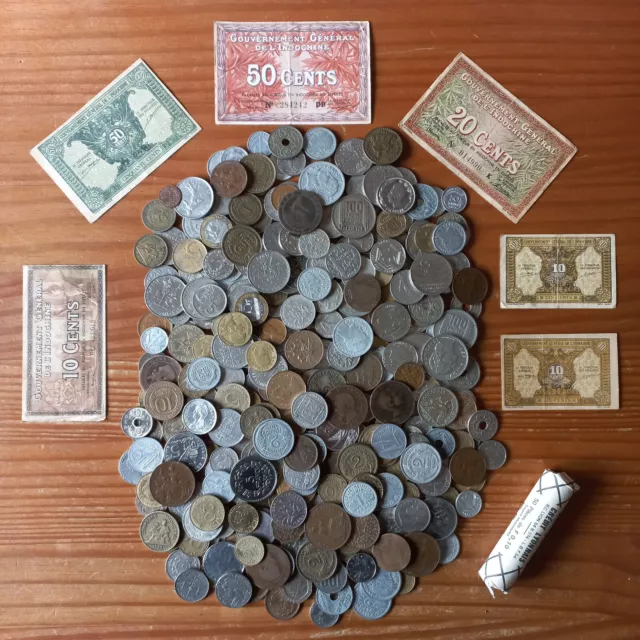 Lot de pièces de monnaies française et étrangère, 1.95kg et 6 billets Indochine