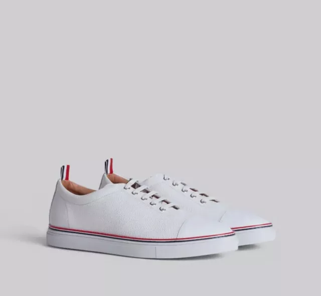 Nwb Uomo Thom Browne Bianco Dritto Punta Rinforzata Sneakers IN Pelle IN USA 11