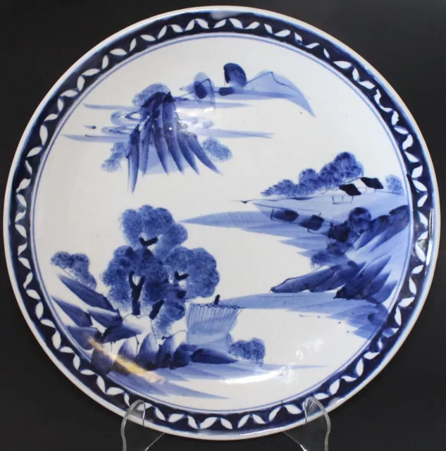 Japan Blue White Meiji Era Porcelain Plate Charger Hand Painted Seaside Boat