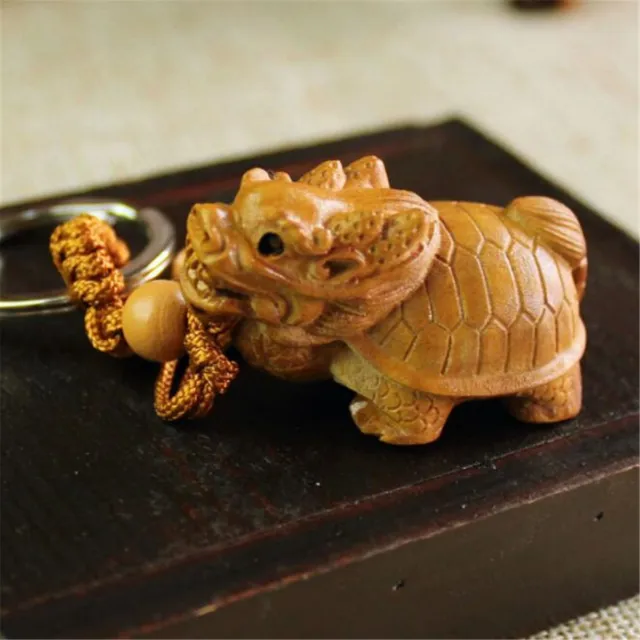 Dragon Turtle Statue Wood 3D Carving Chinese Wealth Sculpture Pendant Key Chain 2