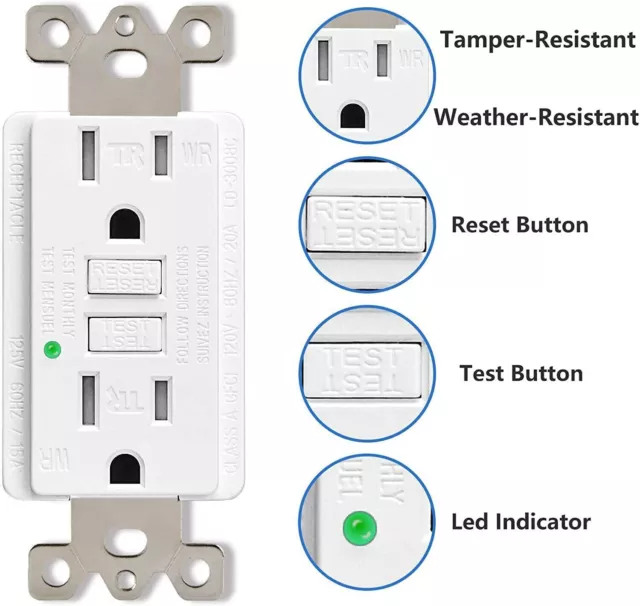 GFI GFCI Outlet 15/20 Amp Self-Test Outlets Weather Resistant with Led Indicator 2
