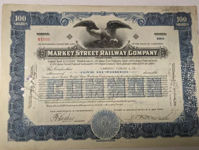 1927 Market Street Railway Company Stock Certificate Canceled 100 Shares Rare +