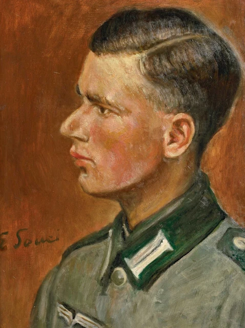 Ilegible Firmado Souchi Antiguo Pintura Al Óleo Retrato Soldado 2. Sem II Senei