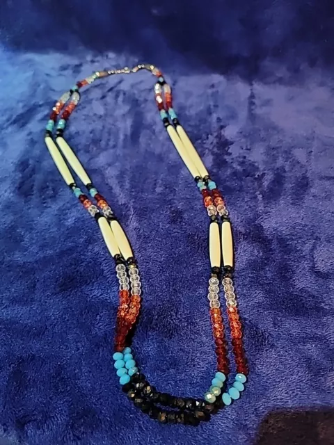 34" Hand Crafted 2 Strand Glass Beaded Hairpipe Native American Indian Necklace