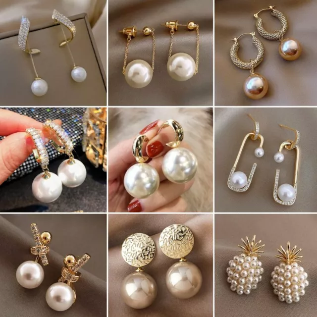 925 Silver Pearl Crystal CZ Ear Stud Earrings Drop Dangle Women Wedding Jewelry 2