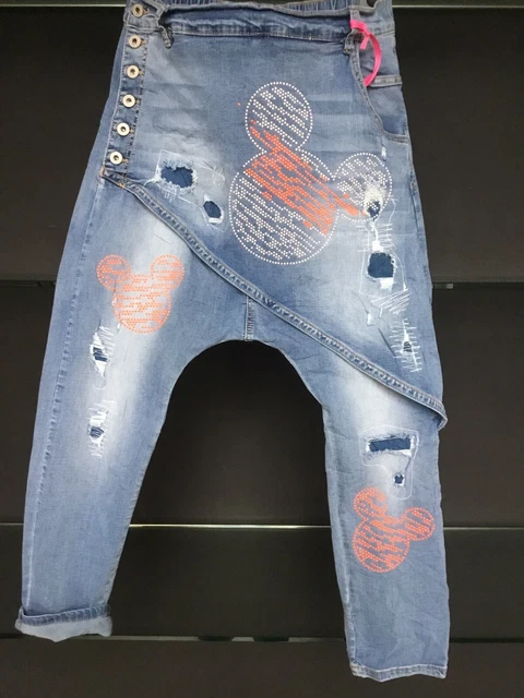 Italy Hose Baggy Jeans Jogpant  Strass tiefer Schritt Überwurf blau Gr. S/M %%%