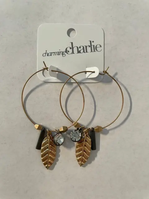 Charming Charlie Gold Hoop Feather Charm Earrings