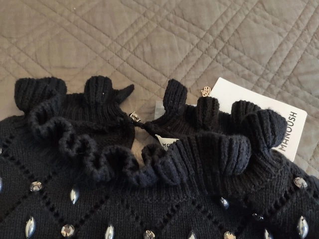 Pull Noir Manoush Avec Perles Et Sequins - Maille Ajourée Volants - Neuf Avec étiquettes