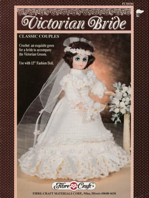 Dolls Clothes Crochet Pattern Victorian Bride Fibre Craft 15" Doll Wedding Dress