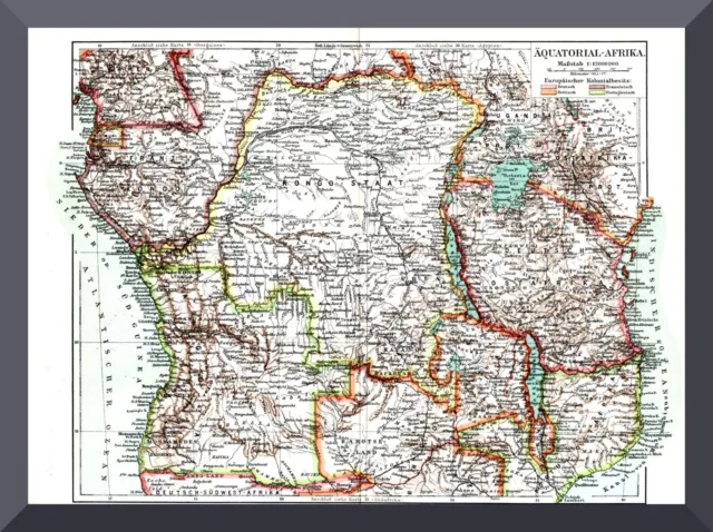 alte Landkarte +Äquatorial-Afrika+ 1905 +Kongo-Staat,Deutsch-Ostafrika,Angola+