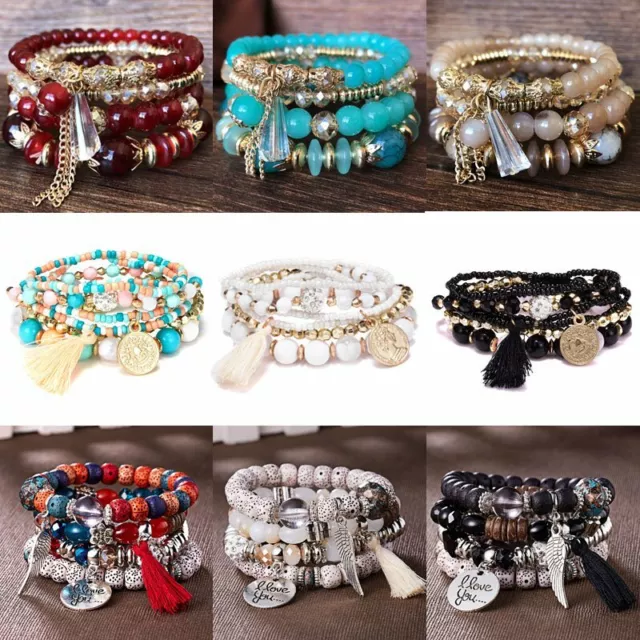 Fashion Multilayer Natural Stone Crystal Bangle Women Beaded Bracelet Jewelry