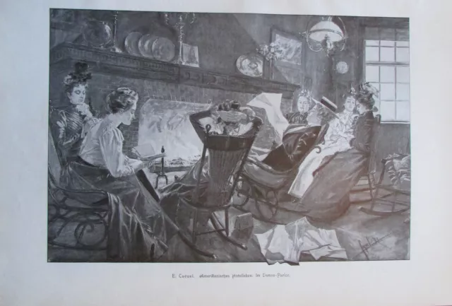 Cucuel AMERIKANISCHE HOTELLEBEN IM DAMEN PARLOR um 1899 alter Druck old print