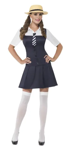 NEW School Girl Dress & Hat Costume Sexy St Trinians Ladies Fancy Dress Costume