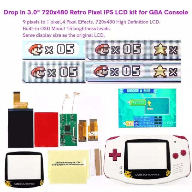 Pika lens--3.0" 720x480 Pixel High Backlit IPS V5 Drop In LCD Kit+Shells For GBA